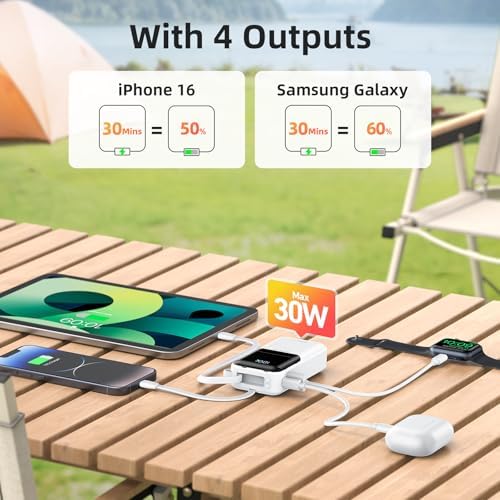 Ultimate 30 W Fast Charging Mini Power Bank for i Phone and Samsung – 10,000 m Ah Portable Charger with Built-In USB-C & Lightning Cables, LED Battery Indicator – Perfect Travel Companion for On-the-Go Charging