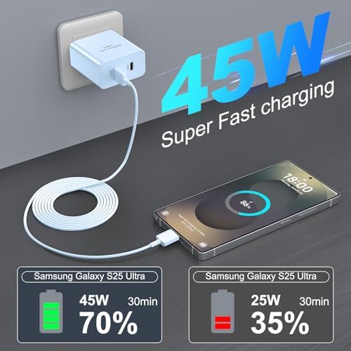 25 W Ultra-Fast USB-C Charger Block with 6.6 FT Type-C Cable for Samsung Galaxy S25/S24/S23/S22/S21/S20 & Note Series – High-Speed Charging Solution for Android Devices with Safety Features and Compact Design