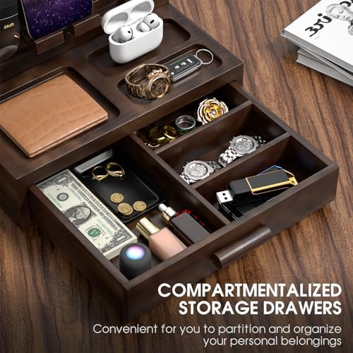 melafa365 Nightstand Organizer for Men,Phone Docking Station with Cable Management,Night Stand with Drawer,Bedside Organizer for Watches,Keys,Wallets,Gifts for Men(Wood) – Enhanced Compatibility and Speed