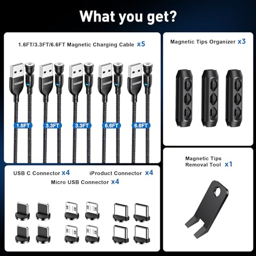 Versatile 5-Pack Magnetic Charging Cables with 540° Rotating Connectors and LED Indicator – Durable Micro USB, USB C, and i-Product Compatibility for Fast Charging and Efficient Data Transfer