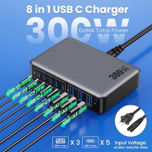 Revolutionary 300 W Ga N IV Technology USB-C Charging Hub – 8-Port Multi-Device Charger for Mac Book Pro/Air, DELL Laptops, i Phone 16/15/14 & Galaxy S25 – Sleek Navy Finish for Enhanced Home & Office Efficiency – Your Premier Solution for Rapid Device Power and Seamless Connectivity