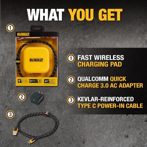 DEWALT Heavy Duty 10 W Fast Wireless Charging Pad – Ultimate Portable Charging Station for i Phone 16/15/14/13/12/11/X/8 Pro Max & Samsung Galaxy S22/S21 – Includes Type C Cable & AC Adapter for Seamless Compatibility – Perfect for Home & Office Use