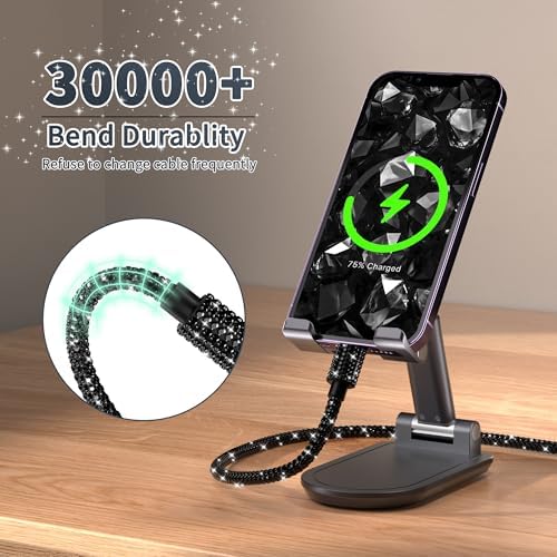 Black Diamond MFi Certified Fast Charging Cable for i Phone – 4 FT USB-A to Lightning Cord with Sparkling Rhinestone Design, Compatible with i Phone 14, 13, 12, 11 Pro Max, XR, XS, X, 8, and 7 – Durable and Stylish Charging Solution for Rapid Power Delivery