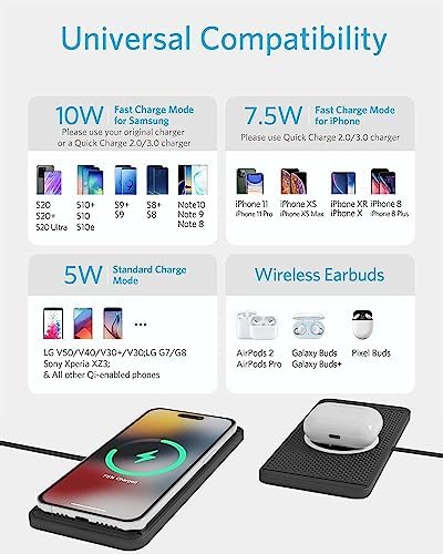 Fast Wireless Car Charger Qi Charging Pad – 15 W, 10 W, 7.5 W Multi-Device Adapter for i Phone 14/13/12 Mini/11 Pro Max, Air Pods, Samsung Galaxy Buds & More – 39-Inch Long Cable for Ultimate Flexibility and Enhanced Compatibility in Your Vehicle