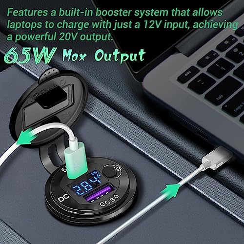 High-Powered 83 W 12 V USB C Car Charger with Smart Voltmeter – Ouffun 65 W PD3.0 & 18 W QC3.0 Fast Charging Adapter for RVs, Marine, and Golf Carts – Durable Aluminum Socket with Integrated Button Switch for Enhanced Device Compatibility and Safety Monitoring