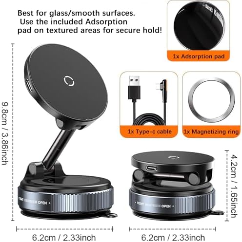 Revolutionary Mag Safe Wireless Charging Car Phone Holder – 360° Adjustable Magnetic Mount for Safe Navigation – Universal Compatibility for i Phone & Android – Superior Vacuum Grip for Enhanced Stability and Fast Charging Solutions