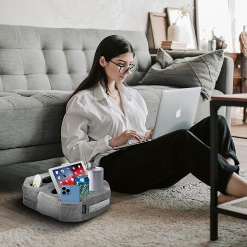 Octagonal Memory Foam Couch Cup Holder Tray Pillow – Versatile Caddy for Drinks, Snacks & Devices – Perfect for Sofa, Bed, RV & Car Travel – Soft Grey Fabric for Comfort & Style – Ultimate Accessory for Organized Relaxation