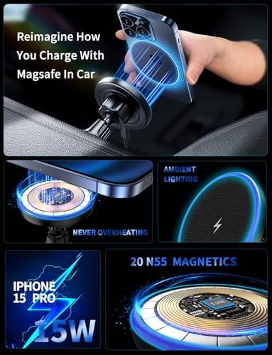 Revolutionary Mag Safe Wireless Car Charger with LED RGB Lighting – 3-in-1 Magnetic Phone Holder for i Phone 12 through 16 Series – Fast Charging, Enhanced Security, and Stylish Design for Safe Hands-Free Driving – Perfect Gift for Tech Enthusiasts and Daily Commuters