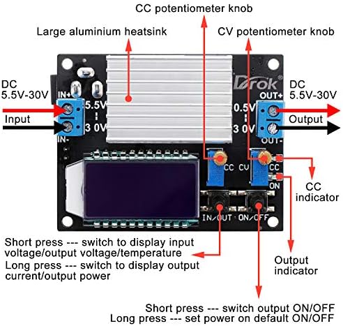 DROK Ultra-Adjustable DC Buck Converter – Precision Power Supply with 1.2 V-32 V Output and 12 A Capacity, Ideal for Solar Energy Systems, RV Applications, and Golf Cart Energy Management – LCD Display for Real-Time Voltage Monitoring and Dual Mode Operation