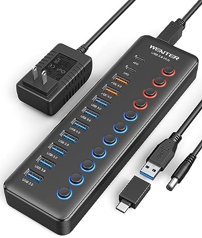 Maximize Your Connectivity with the Wenter 5-Port USB 3.0 Hub – Fast Data Transfer and Type-C Charging Hub for Mac & PC, Featuring Individual LED Switches for Power Management and Enhanced Performance