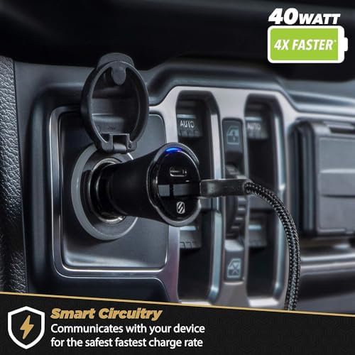 Scosche M Power Volt 40 W Dual Port USB-C Car Charger – Fast Charging Adapter for i Phone, Galaxy & All USB-C Devices, Flush Cigarette Lighter Design, Sleek & Compact Automotive Power Solution for On-the-Go Convenience