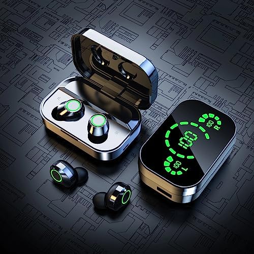 Ultimate Bluetooth 5.3 True Wireless Earbuds with Smart Touch Control & Fast Charging Case – Stylish Black Mini Design Featuring Green LED Mirrored Screen for Enhanced Portability, Superior Sound Quality, and Seamless Connectivity