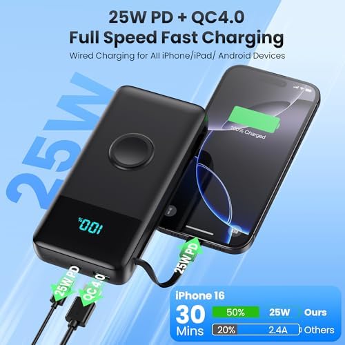 High-Capacity 40800 m Ah 5-in-1 Portable Power Bank with Fast Charging for i Phone and Apple Watch – Dual Built-in Cables, Magnetic Wireless Charger, LED Display, Ideal for Travel and Outdoor Adventures, Compatible with Android and More Devices
