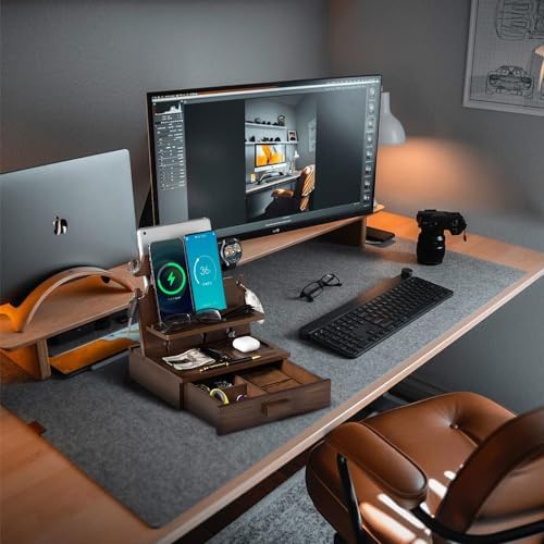 Premium Black Wood Multi-Device Docking Station – Sleek Nightstand Organizer with Hidden Drawer for Valuables, Ideal for Phones, Tablets, Apple Watch, Keys, and EDC Essentials – Streamlined Charging and Elegant Design for Home or Office