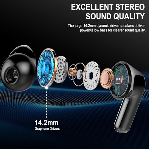 Advanced Bluetooth 5.3 Wireless Earbuds with 48-Hour Battery Life and Superior Hi-Fi Sound – IPX7 Waterproof Design with 4 ENC Microphones for Unmatched Call Clarity – LED Power Indicator and Universal Compatibility for i OS and Android – Ideal for Fitness Enthusiasts and Music Aficionados