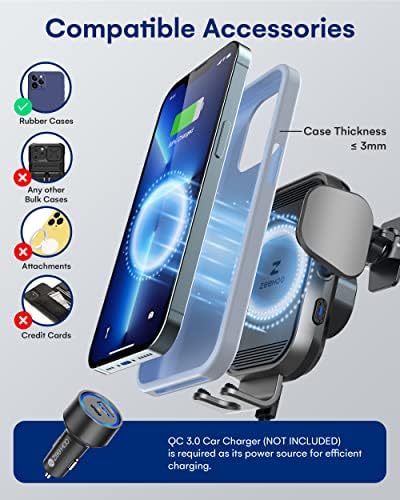 Zee Hoo 15 W Fast Wireless Car Charger with Auto-Clamping Phone Holder – Effortless One-Handed Operation for i Phone 15/14/13/12/11 Pro Max, Qi-Enabled Charging Mount in Sleek Black for Optimal Driving Convenience and Seamless Integration