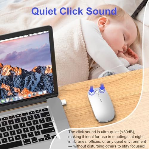 Sleek Silver Bluetooth Wireless Mouse for Mac Book Air & Pro – Ergonomic, Rechargeable, and Silent Tri-Mode Connectivity (2.4 G USB-C/USB-A, Bluetooth 5.2/3.0) for Ultimate Productivity on the Go