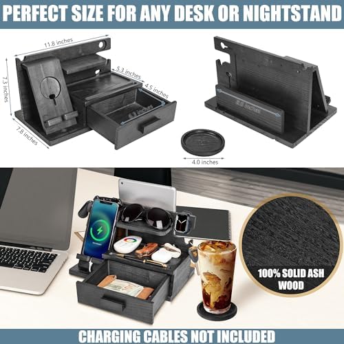 Black Wood Phone Docking Station with Drawer, Compatible with Apple Watch – Wood Charging Station Organizer Stand, Bedside Nightstand Organizer for Men, Holds, Tablet, Glasses, Keys, EDC – Enhanced Compatibility and Speed