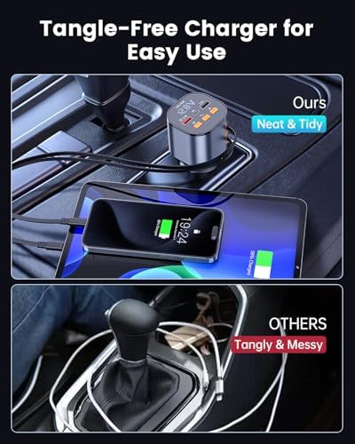 81 W Retractable PD Car Charger with Bluetooth 5.3, FM Transmitter & MP3 Player – Ultimate Hands-Free Car Accessory for Fast Charging & Seamless Connectivity – USB-C Adapter for All Smartphones with LED Display