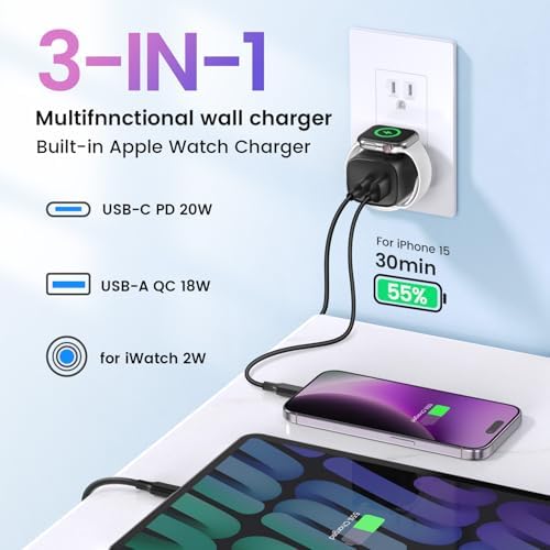Rapid 20 W PD USB C Wall Charger – 3-in-1 Power Hub for Apple Watch Series Ultra/9/8/7/6 & i Phone 16/16 Pro/15 Series – Sleek, Portable Design for Tech Savvy Professionals – Ultimate Fast Charging Solution with Built-in Safety Features for On-the-Go Convenience
