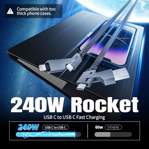 Revolutionize Your Charging Experience with the 4-in-1 USB-C Charging Cable – 240 W Fast Charge Multi-Device Connector for i Phone 16/15/14/13, Samsung Galaxy, Tablets & More (5 FT) – Enhanced E-Mark Chip Technology for Optimal Performance and Universal Compatibility
