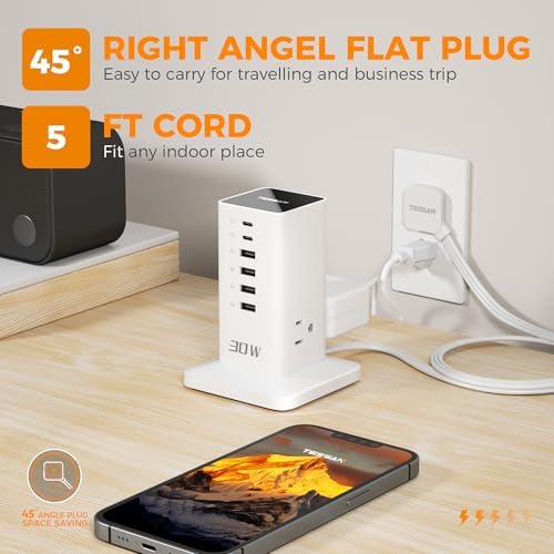 TESSAN 9-in-1 Powerful USB Charging Station – PD 65 W Multi-Device Charger Block for i Phone 15/16, Mac Book & Tablet – Fast, Efficient Power Delivery with 3 AC Outlets – Compact Travel & Home Office Accessory – Enhanced Compatibility & Safety Features