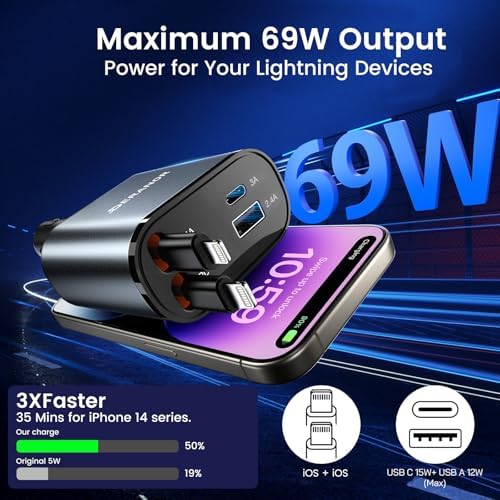 Dual-Output 69 W Retractable Car Charger Set – 4-in-1 Fast Charging Adapter with Type C and Lightning Cables for i Phone 12-16 & Samsung S23/S24 – Compact Design for Seamless Multi-Device Power on the Go