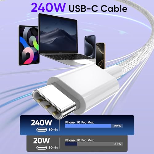 USB C to USB C,240W USB-C Woven Charge Cable,6.6ft 2Pack USB C Cable Fast Charging Cord for Apple MacBook Pro/MacBook Air,iPad Pro/Air,iPad mini,iPhone 16 15 Pro Max Plus Compatible 140W/100W/60W/45W – Enhanced Compatibility and Speed