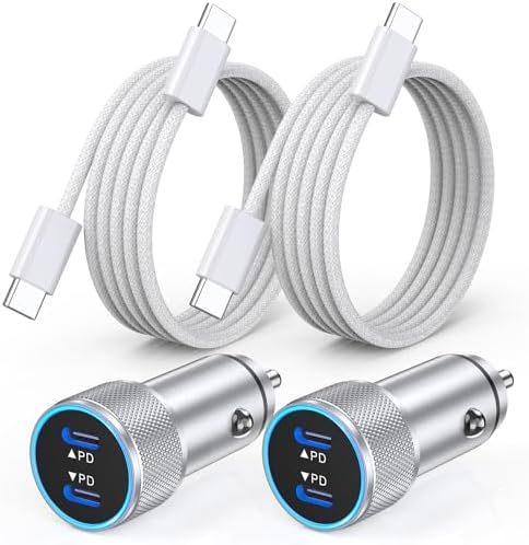 Fast Charge Dual USB-C Car Charger for i Phone 16/16 Pro Max/15 with Braided Nylon Cable – High-Speed PD3.0 Adapter for Convenient On-the-Go Charging – Durable, Compact Design for i Pad Compatibility – Tangle-Free Solution for Everyday Use – Essential Road Trip Companion