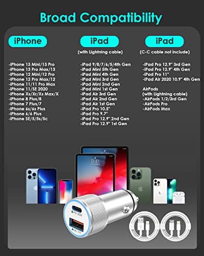 i Phone 14 Dual Port Fast USB C Car Charger | Apple MFi Certified 38 W Quick Charge Adapter with 2 Lightning Cables | Sleek Metal Design for Optimal Durability and Compatibility with i Phone 14, 13 Pro Max, Mini, 12, 11 & Air Pods | Reliable On-the-Go Power Solution for Busy Lifestyles