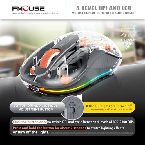 Sleek Dual Connectivity Transparent Wireless Mouse – Rechargeable RGB with USB-C Receiver for Mac Book & Laptops, Compact Design with Cool LED Lights, Silent Operation, and Magnetic Cover for Enhanced Portability – Orange