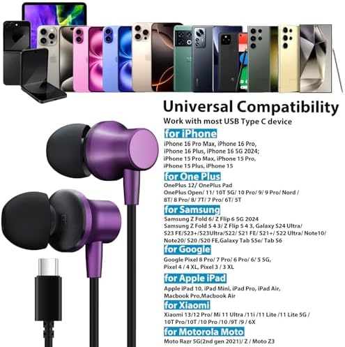 Revolutionary Noise-Canceling USB C Earbuds for i Phone 16 & Galaxy Z Flip Fold 6 – Advanced Wired Headphones Featuring Magnetic In-Ear Design & Integrated Mic for Superior Call Clarity – Universal Compatibility with i Pad, One Plus, Samsung, and Pixel – Exceptional Audio Performance for Music Lovers & Gamers on the Move