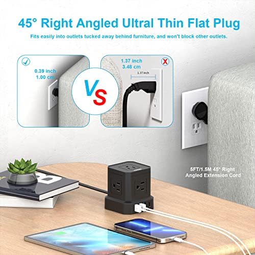 TOPREK Ultra-Slim 5-Outlet Power Strip with USB-C and USB-A Ports – 5 FT Flat Extension Cord Surge Protector for Efficient Charging in Home, Office, and Travel – Compact Design for Enhanced Portability and Safety