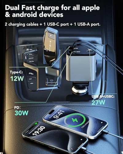 2025 Ultra-Compact 4-in-1 Retractable Car Charger – 69 W Fast Charging Adapter for i Phone 16, Galaxy and More – Innovative Space-Saving Design with Multiple Ports for Simultaneous Device Powering – Essential Car Accessory for Daily Commutes and Road Trips