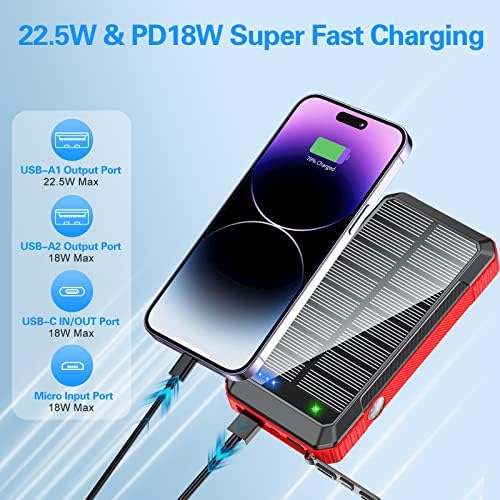 Ultimate Solar Power Bank – 33,800 m Ah Wireless Charger with 4 Built-in Cables & 7 Outputs, 22.5 W Fast Charging for Outdoor Adventures – LED Camping Lights, Weather-Resistant Design, Compatible with All Mobile Devices – Eco-Friendly Portable Charger in Red