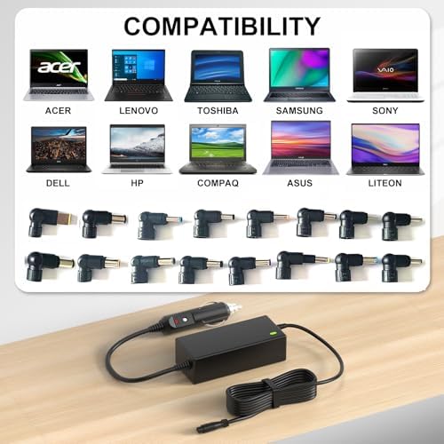 VHBW Universal 12 V-24 V Car Charger – Fast Charging DC Adapter for HP, Dell, Lenovo, Acer, Asus, Toshiba, Sony, Samsung, LG, JBL, and Bose Devices – Compact, Lightweight Power Supply for Laptops and Monitors with Safety Features