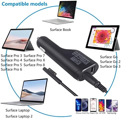Rapid Charge 36 W Car Charger for Microsoft Surface Pro & Laptop – Dual Charging with USB 2.0 Port, 5 Ft Cord & Travel Pouch – Perfect for Surface Pro 3/4/5/6, Surface Book, and Surface Go Models – Enhanced Compatibility for On-the-Go Professionals