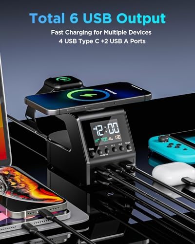 240 W Multi-Device Charging Station: 8-Port USB-C & Wireless Charger for i Phone, Mac Book, Android, i Pad – Fast, Safe Power Hub with Time Display & Smart Protection Features for Home & Office Organization
