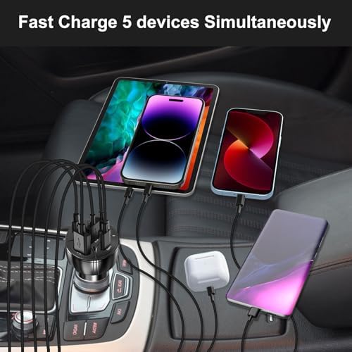 High-Speed 5-Port USB C Car Charger Adapter – 75 W PD 3.0 Fast Charging for i Phone 16/15/14/13 Pro Max, Galaxy S24/S23/S22/Note 20, Android, Pixel – Ultimate Multi-Device Power Solution for On-the-Go Convenience