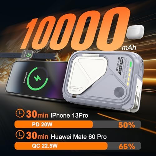 Compact Magnetic Power Bank – P05 Portable Charger with 10000 m Ah Capacity for Fast Wireless Charging, Built-in Cable & Foldable Plug – Perfect Travel Companion for i Phone, Samsung & Android Devices