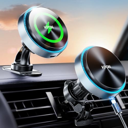 KPON Mag Safe Wireless Car Charger Mount – 15 W Fast Charging Magnetic Holder for i Phone 12-16 & Samsung Devices with Mag Safe Cases – Ultimate Convenience for Navigation & Hands-Free Calls in Your Vehicle – Sleek, Durable Design for Enhanced Driving Experience
