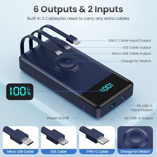 High-Capacity 10800 m Ah Portable Charger with Integrated Cables & Apple Watch Wireless Charging – QC4.0 & PD Fast Charging Power Bank for Multiple Devices – 6 Outputs for i Phone 16/15/14/13/12, Samsung Galaxy, Google Pixel, and More (Deep Blue) – Ultimate Travel Companion with Enhanced Safety Features