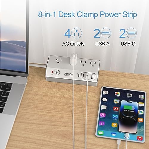 Maximize Your Workspace Efficiency with JXGUCAT Desk Clamp Power Strip – 20 W USB-C Fast Charger with 10 ft Extension Cord, 4 Outlets & 4 USB Ports, Surge Protector Ideal for Clutter-Free Desktop Setup, Fits Tabletops Up to 1.8 inches Thick