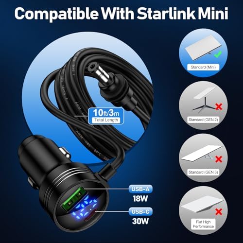 High-Performance 3 in 1 Starlink Mini Car Charger Adapter with Digital Display – 12 V-24 V Compatibility, 10 FT Power Cable, USB-C PD 30 W & USB A 18 W Ports for Rapid Charging in Cars and Trucks – Ultimate Travel Companion for All Devices