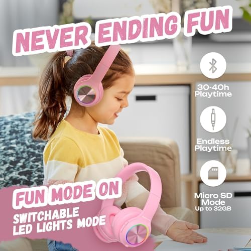Vibrant Power Locus PLED Kids Bluetooth Headphones – Safe Volume Control (74/85/94 d B), Fun LED Lights, Hi-Fi Sound, Built-in Microphone & Multi-Connectivity for Travel, Learning & Play – Perfect Over-Ear Design for Children