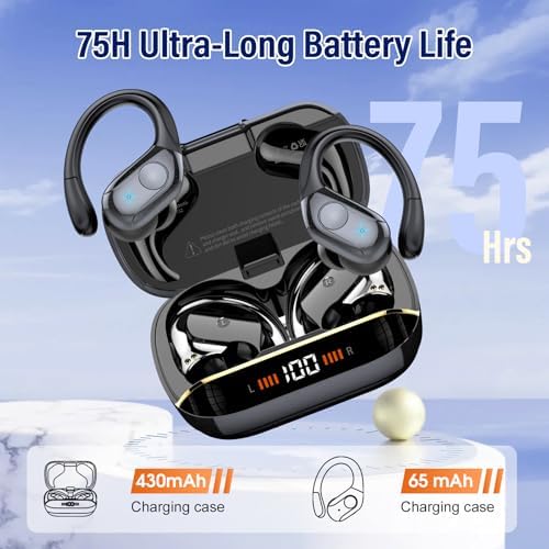 Advanced Bluetooth 5.4 Wireless Earbuds with Deep Bass – 75 Hours Playtime, IP7 Waterproof Sports Earphones Featuring Ergonomic Earhooks, LED Battery Display, and 4 ENC Microphones for Enhanced Sound Quality and Clear Calls – Perfect for Fitness Enthusiasts and Music Lovers in Sleek Black