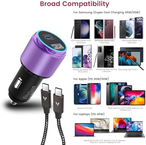 VELOGK 73 W Turbo USB-C Car Charger – Ultra-Fast Adaptive 55 W & 45 W PPS/PD & QC3.0 Adapter for Samsung Galaxy S25/S24/S23/S22+/S21/S20 & i Pad Pro – Compact Green Design with Advanced Safety Features for Rapid On-the-Go Charging