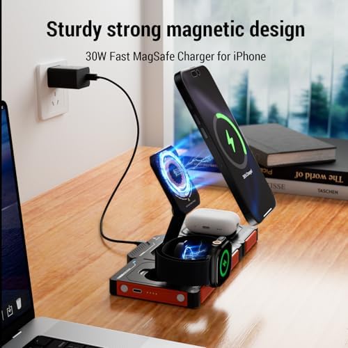 Versatile 3-in-1 Travel Wireless Charging Station – Fast 30 W Apple-Compatible Charger for i Phone 16/15/14/13/12 Pro Max, Watch Series 10/9/8/7/6/5/4/3/Ultra & Air Pods Pro – Compact Detachable Design for Home & On-the-Go Convenience