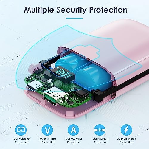 Ultra-Compact 13,800 m Ah Portable Charger with Built-In Cables – PD Fast Charging Power Bank for i Phone 15/14/13/12 & Android Devices – Stylish Pink Design with LCD Display for Real-Time Battery Monitoring – Perfect for Travel and Daily Use – Multi-Device Charging Solution