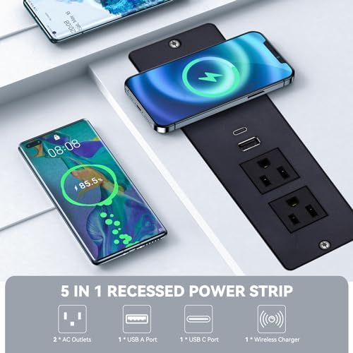 Recessed Power Strip with Integrated 15 W Wireless Charger – Versatile Desktop Charging Station Featuring 2 USB-C Fast Charging Ports & Dual AC Outlets for Home and Office Use – Streamlined Design for Clutter-Free Spaces & Enhanced Device Compatibility